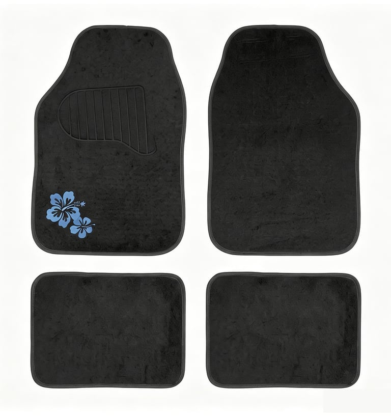 A four-piece set of black carpet car floor mats featuring a blue hibiscus flower design.