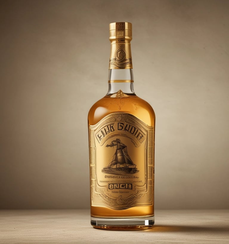 A bottle of golden spiced rum with cinnamon sticks and vanilla pods beside it