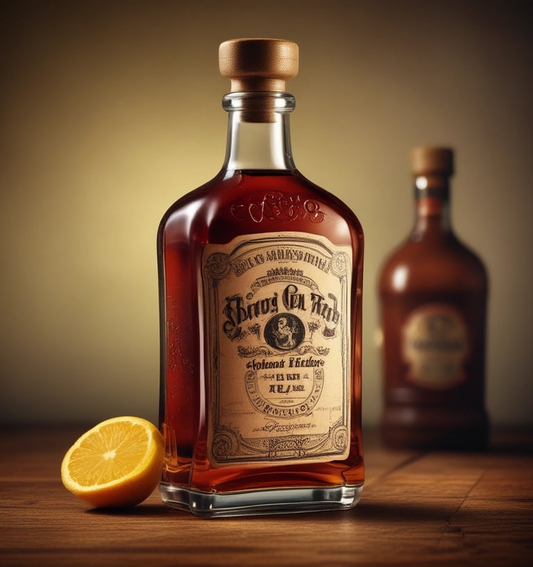 A bottle of golden spiced rum with cinnamon sticks and vanilla pods beside it