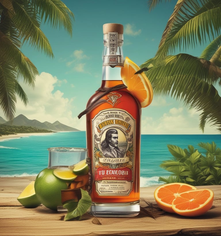 A bottle of golden spiced rum with cinnamon sticks and vanilla pods beside it