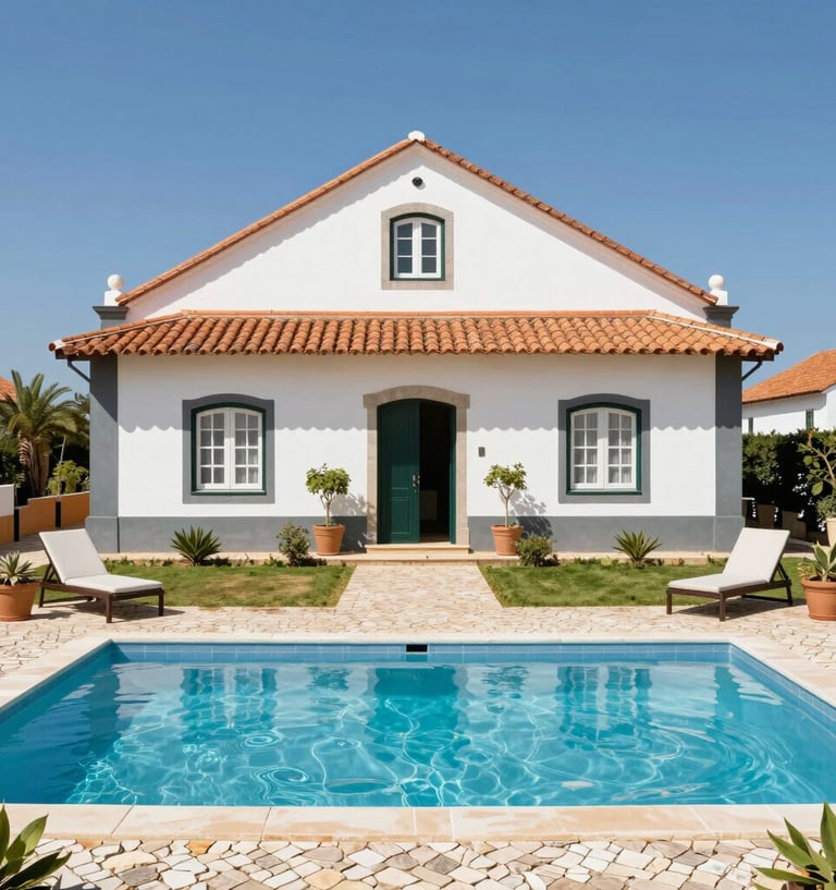 Luxury white villa with swimming pool and lounge chairs in a sunny tropical garden.