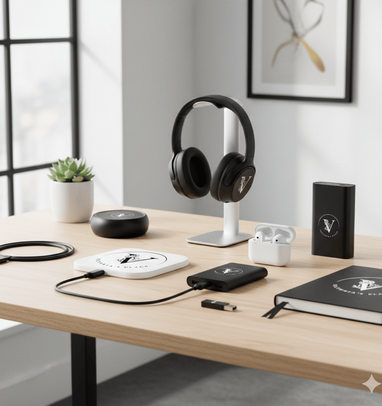 a desk with a phone and headphones on it