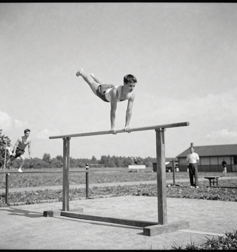Vintage archival photograph of early 20th-century gymnasts in Erstein, black and white, outdoor training with wooden apparatus, authentic historical document, 35mm style