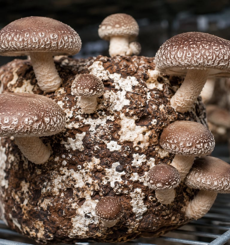 Organic shiitake mushrooms growing from a sawdust substrate block in a commercial indoor farm.