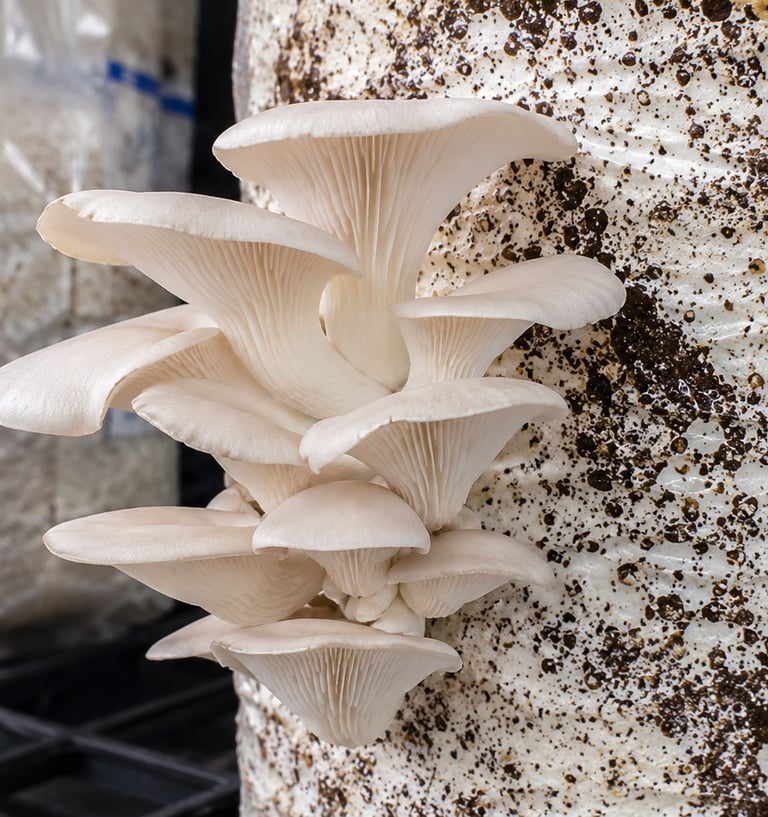 A cluster of fresh white oyster mushrooms growing from a substrate bag in a cultivation room.
