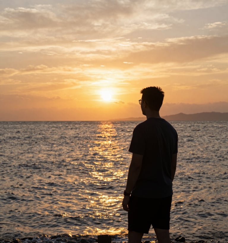 A sunny beach scene with a person wearing light summer surfwear from the collection