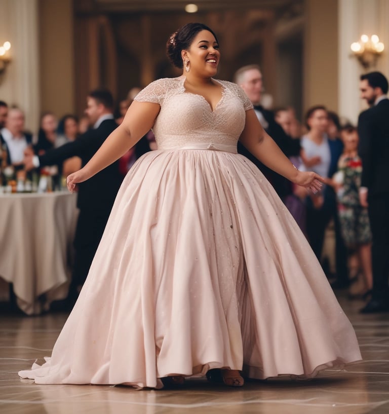 Elegant woman wearing a shimmering evening dress, smiling confidently at a city rooftop party.