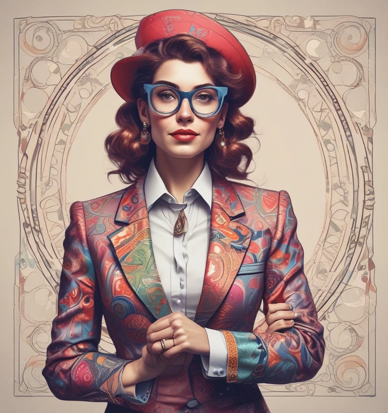 Elegant woman wearing a shimmering evening dress, smiling confidently at a city rooftop party.