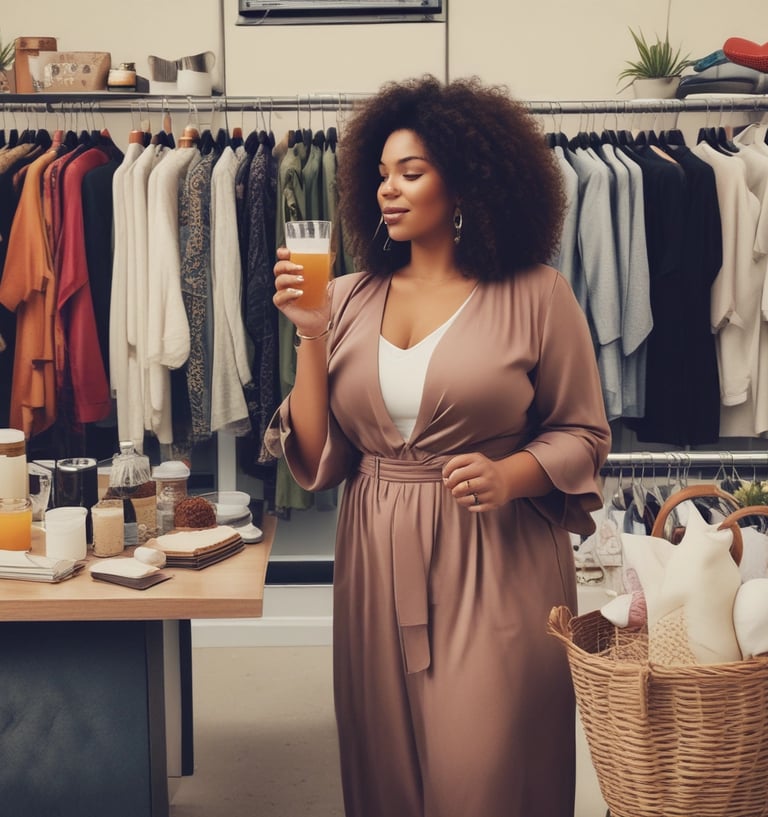 Elegant woman wearing a shimmering evening dress, smiling confidently at a city rooftop party.