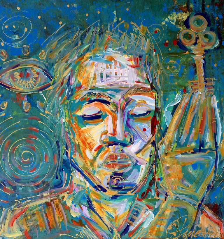 Abstraktes und figuratives Gemälde von Romeo Opincaru, lebendige Farben, Acryl auf Leinwand