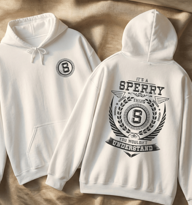 Custom white Sperry family name hoodie with a crest logo on the back and front chest.