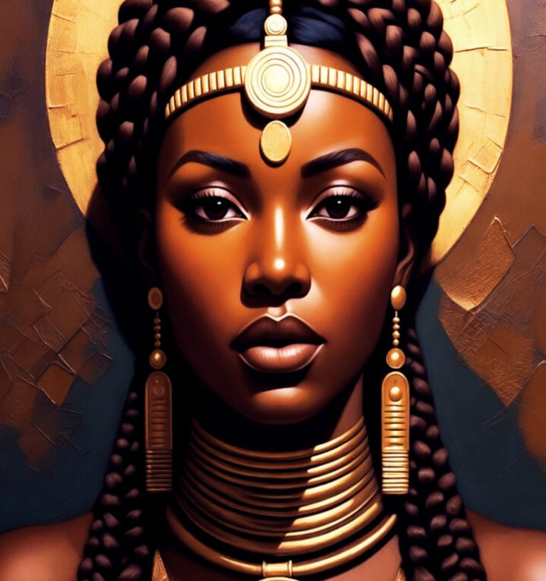 Digital art of a Black woman with braided hair wearing ornate gold jewelry and a radiant sun halo.