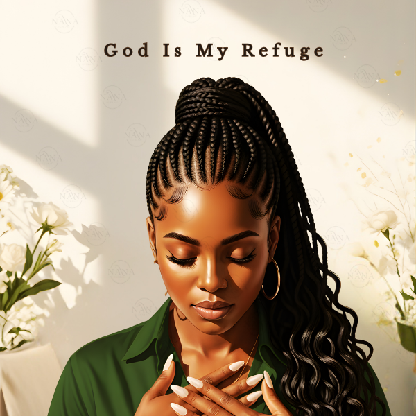 Black woman with braided hair praying with eyes closed and text God Is My Refuge.