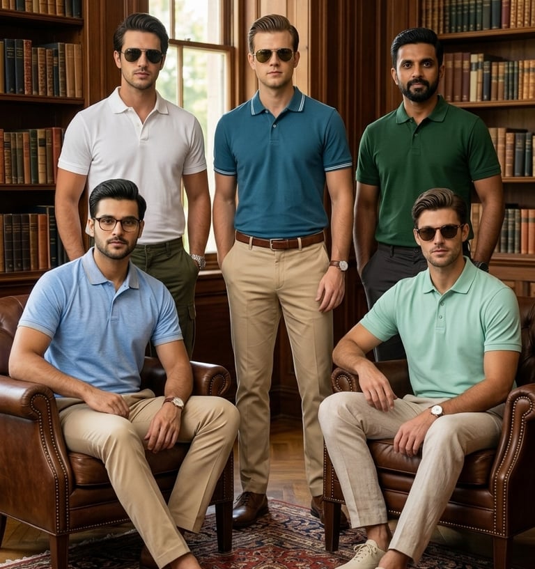 Five well-dressed men modeling business casual polo shirts by Loev Creatives