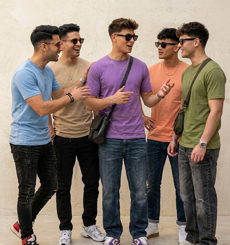 Five young men in colorful round neck t-shirts by Loev