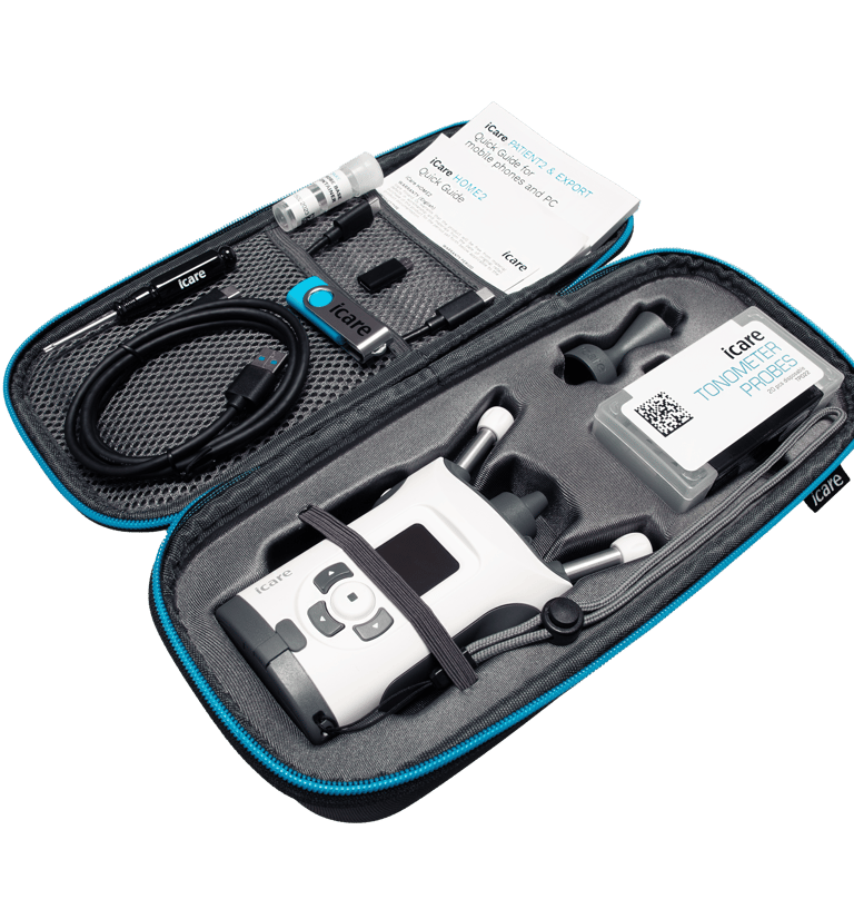 iCare HOME2 tonometer set in travel case, for measuring eye pressure IOP.