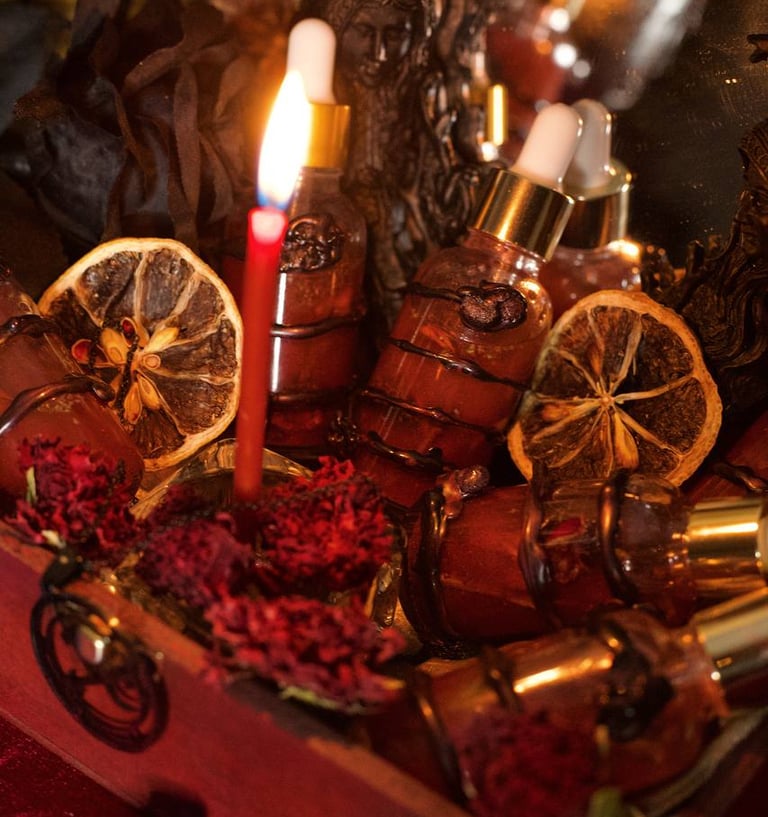 a candle with bottles