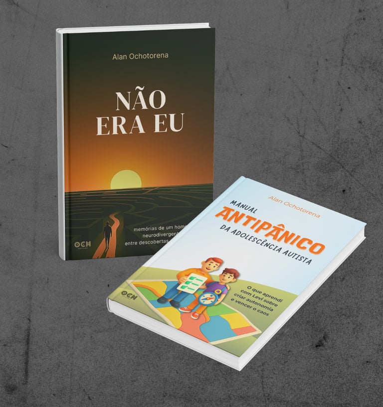 Livros de Alan Ochotorena: Não Era Eu (memórias) e Manual Antipânico da Adolescência Autista.