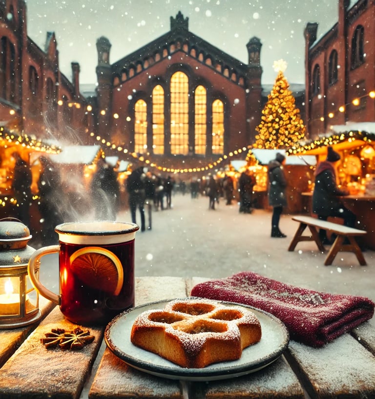 Eine Tasse Punsch und ein weihnachtlicher Kuchen auf einem urbanen Weihnachtsmarkt