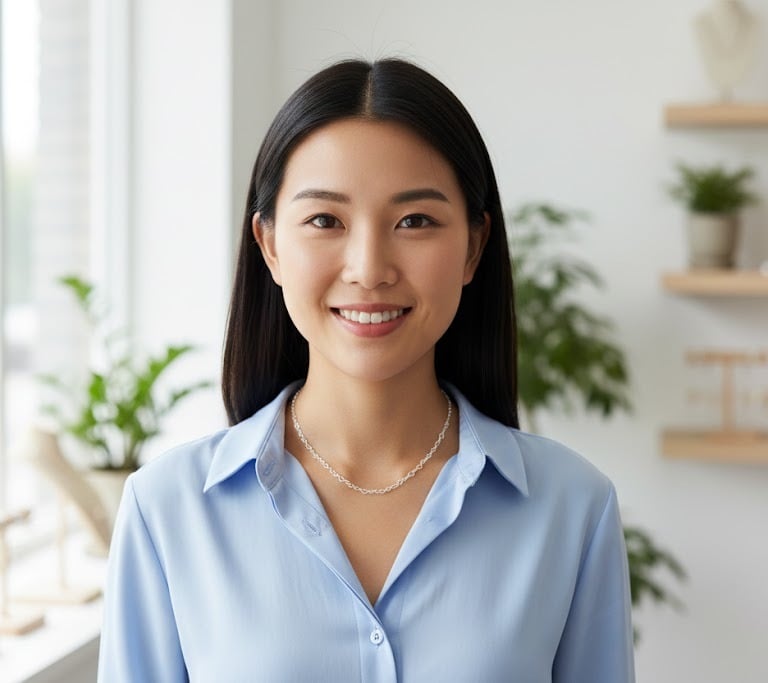 a woman in a blue shirt and a necklace