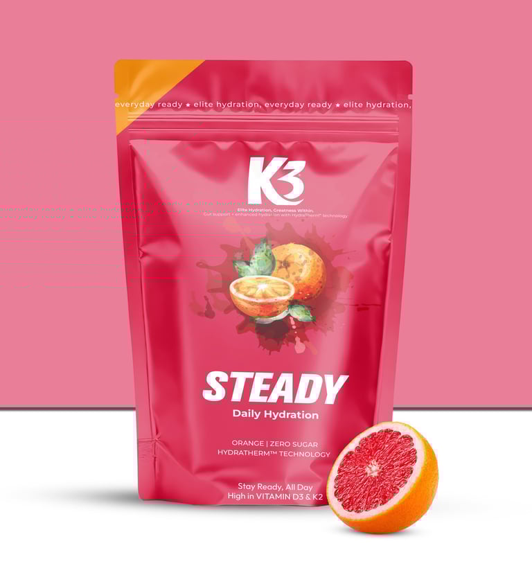K3 Steady daily hydration pouch, orange flavour, zero sugar