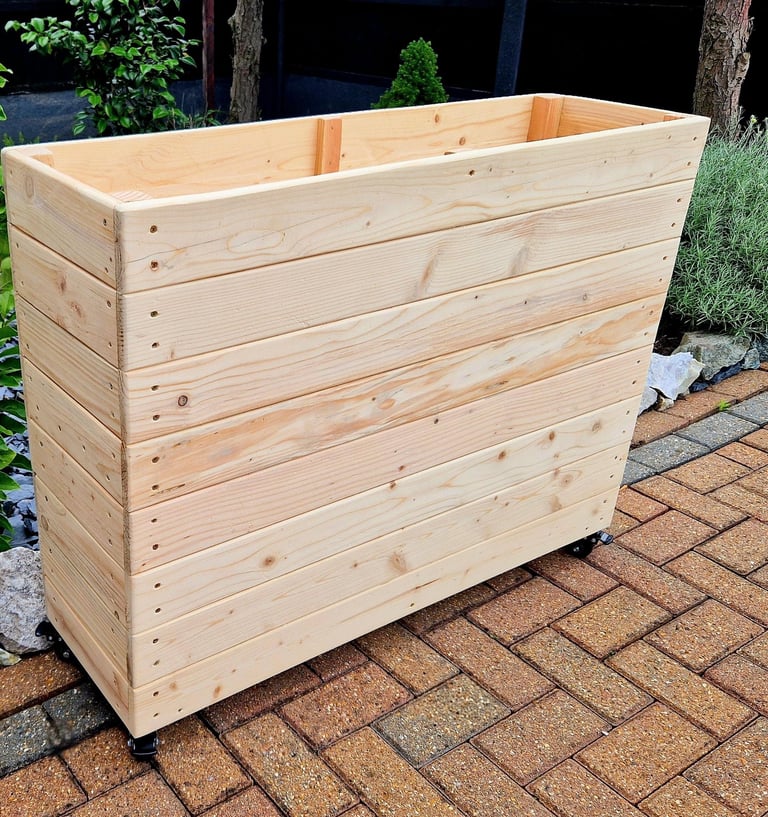 restaurant planter on wheels shallow bottom WOODEN OUTDOOR PLANTER GARDEN SOLID WOOD HANDMADE UK LONDON THROUGH tall large