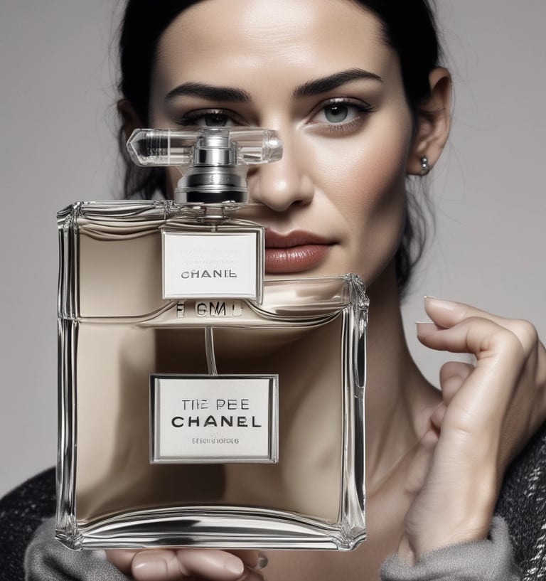 A white bottle of perfume labeled Andromeda by Tiziana Terenzi with a gold-colored cap. The bottle is accompanied by a black business card for UR Perfume, featuring QR codes and social media handles.