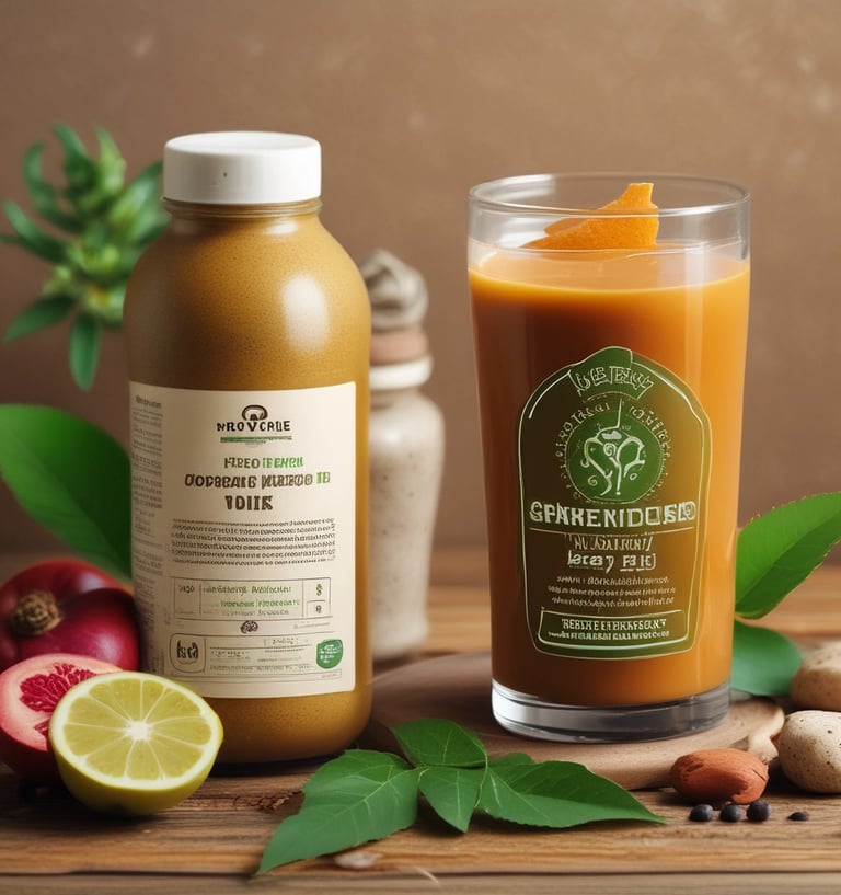 A collection of health supplement products is arranged against a pink backdrop. The items include bottles and containers labeled Diabet Gran Plus, Feno Gran Plus, Magne-Gran, and Gran Psyllium. A sprig of pink flowers in a glass vase adds a touch of nature to the composition.
