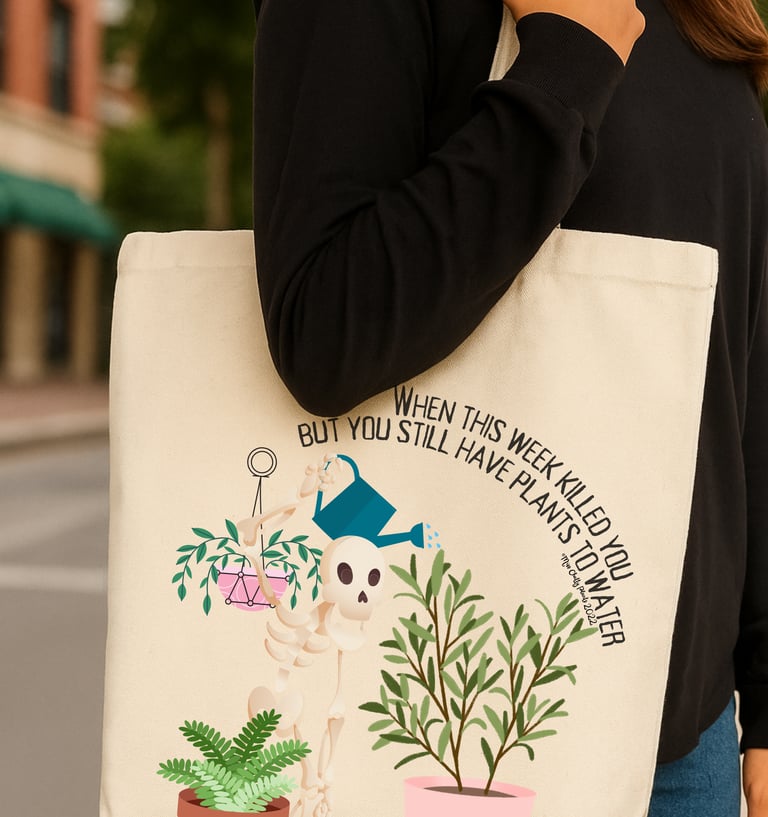 Woman carrying Miss Chatty Plants tote with skeleton watering plants design while walking downtown