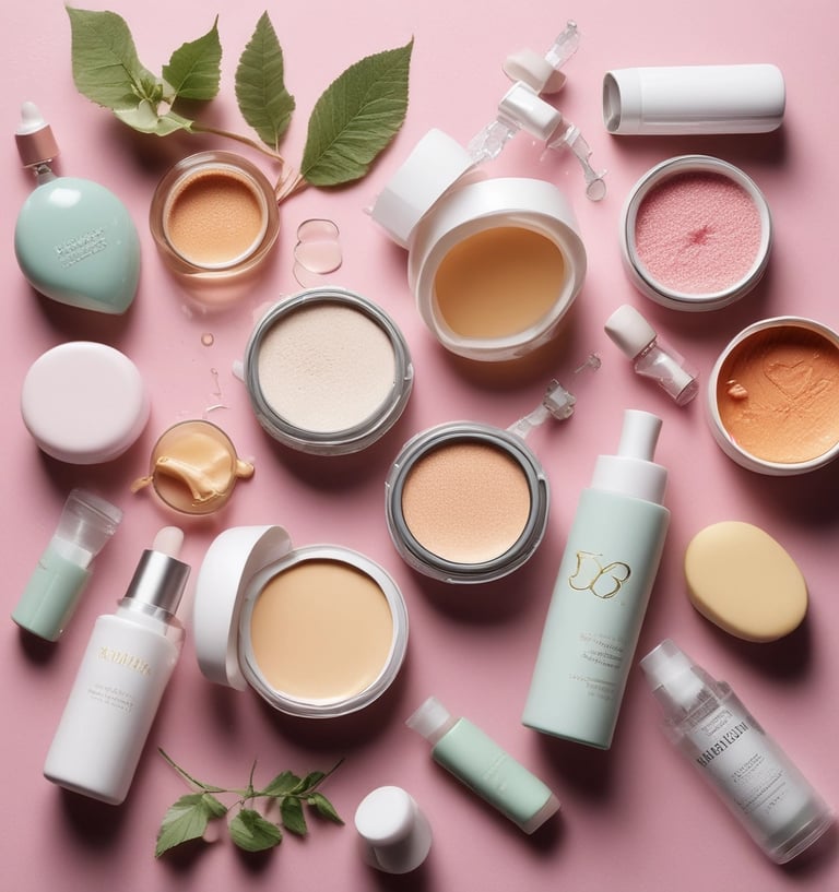 A collection of beauty and skincare products is arranged on a surface, including bottles of oils and serums, cosmetics like lipstick and blush, makeup brushes in a holder, and a lit black candle adding ambiance. The setup is accompanied by cotton swabs, emphasizing a self-care or beauty routine theme.