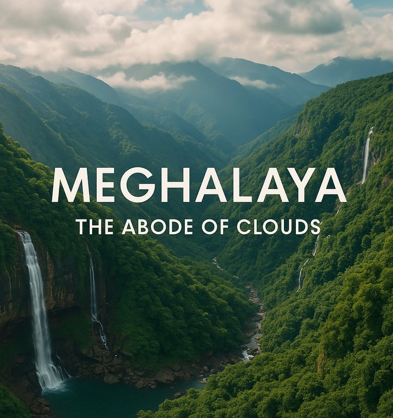 Meghalaya hills covered in clouds with waterfalls and lush greenery