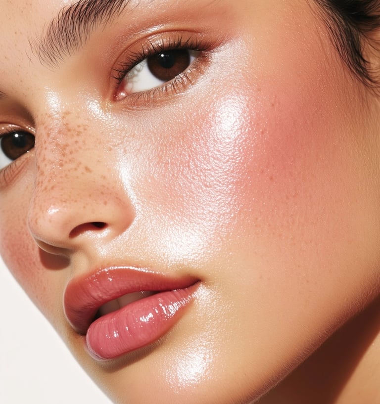 Close-up of a woman with glowing dewy skin, natural freckles, and glossy pink lips for a clean makeup look.