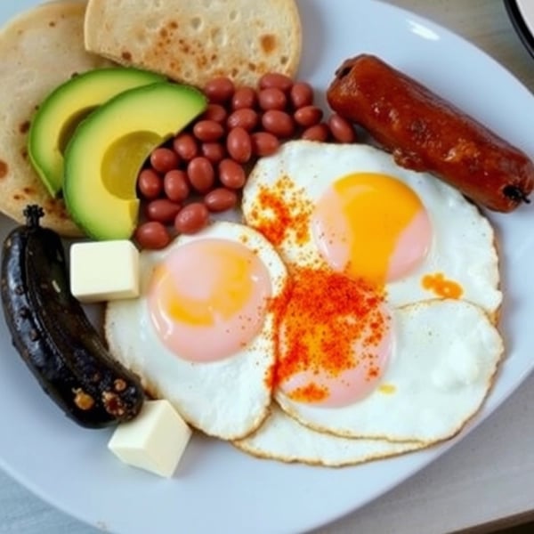 a plate of food with eggs, sausages, and beans