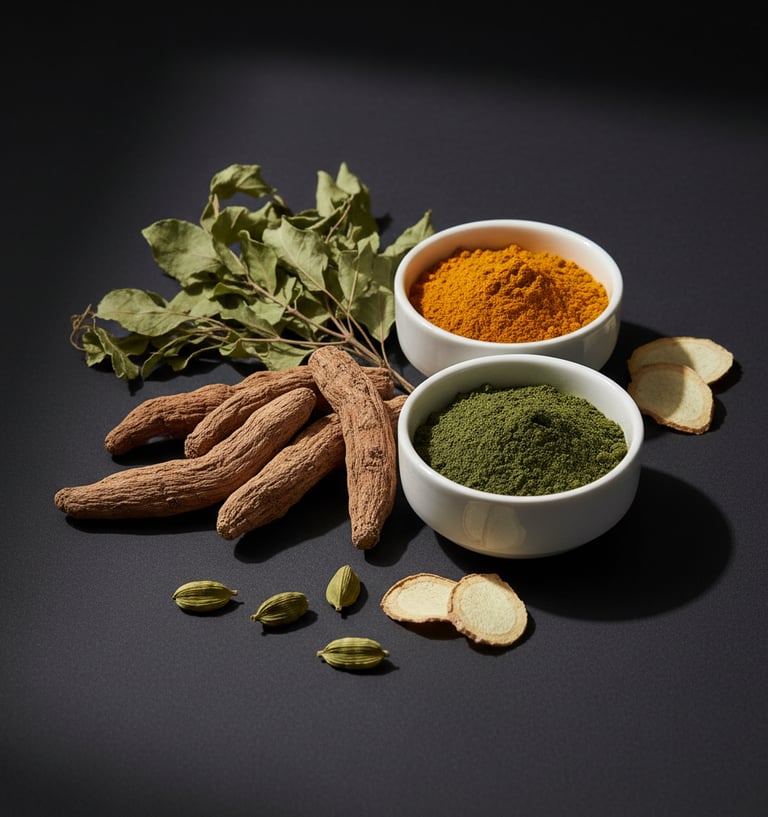 Premium foundational Ayurvedic ingredients including raw herbs, vibrant turmeric powder, and botanic