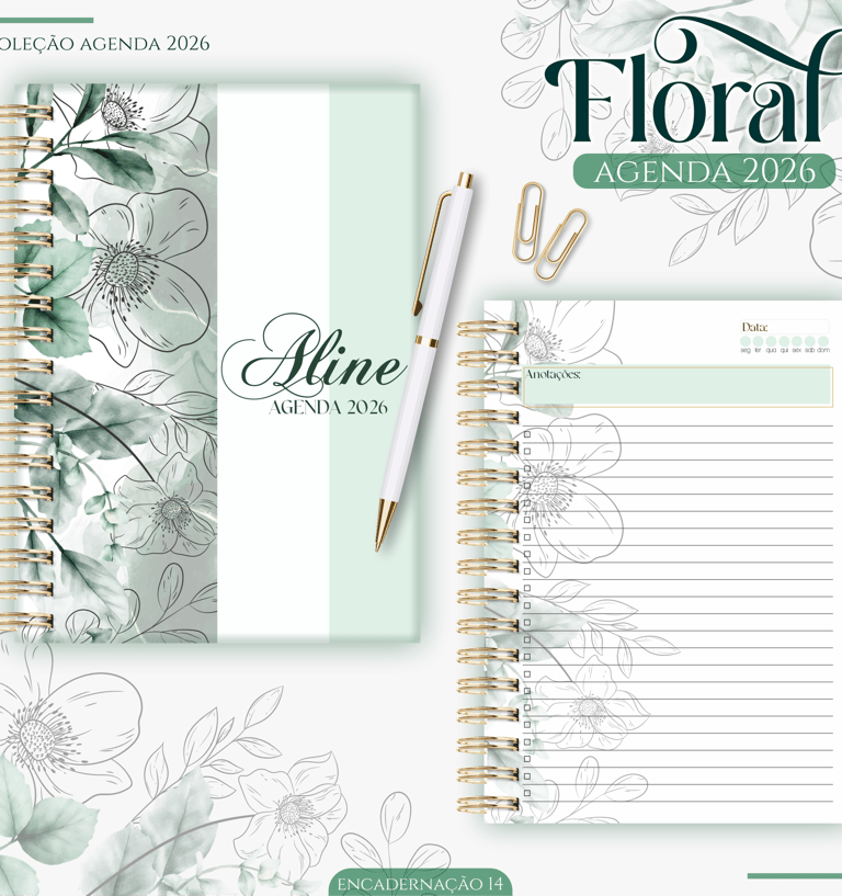 Agenda Com Nome na Capa Floral Verde