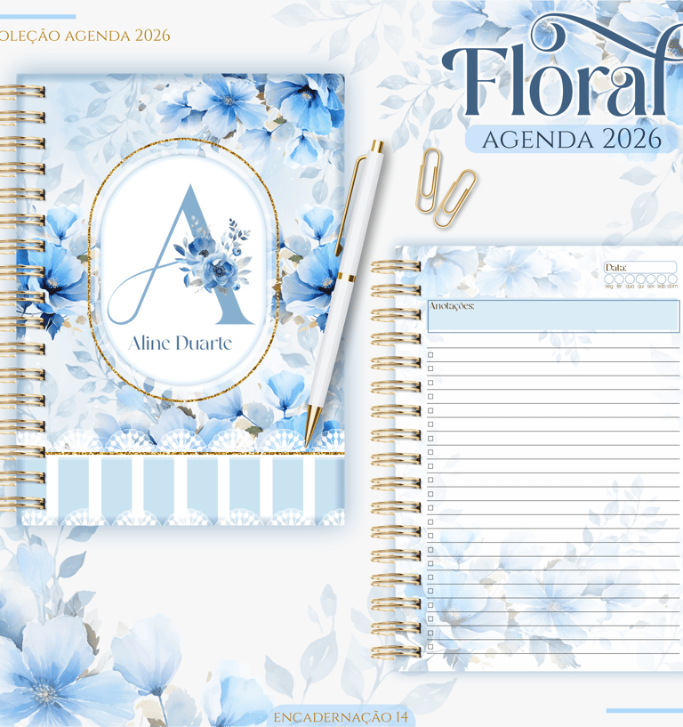 Agenda Floral Azul com Inicial do Nome