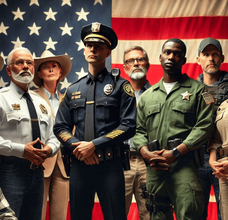 Image of law enforcement leaders standing in front of the American Flag