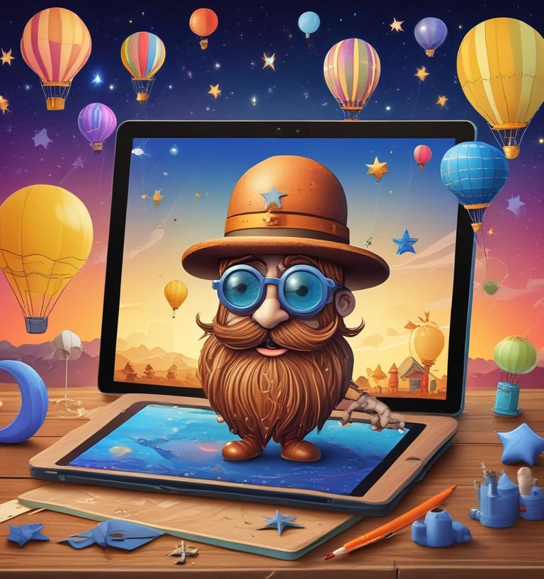 A digital artwork is displayed on a tablet placed on a wooden surface, with a stylus lying beside it. The artwork features a whimsical character wearing a hat and goggles, with a bushy beard and outstretched arm. Surrounding the character are stars, a crescent moon, and several hot air balloons, all set against a gradient background transitioning from blue to yellow.