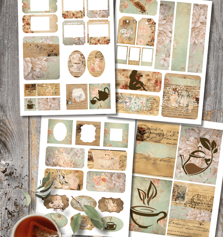 picture of vintage tea-themed printable ephemera, displayed on a rustic wooden surface