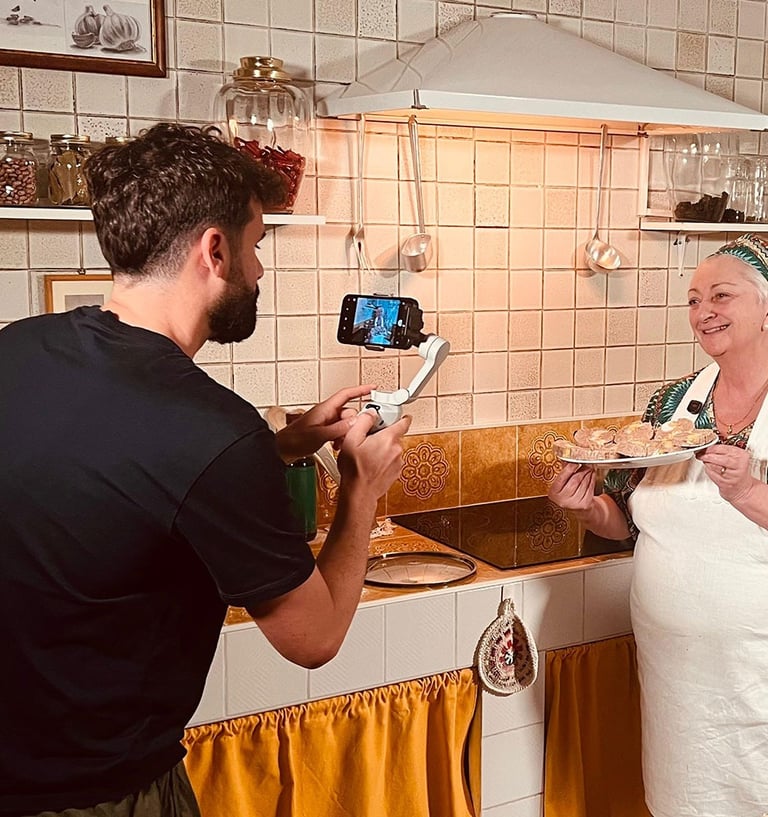 Ruggero Pini filming master pasta maker Alessandra Spisni