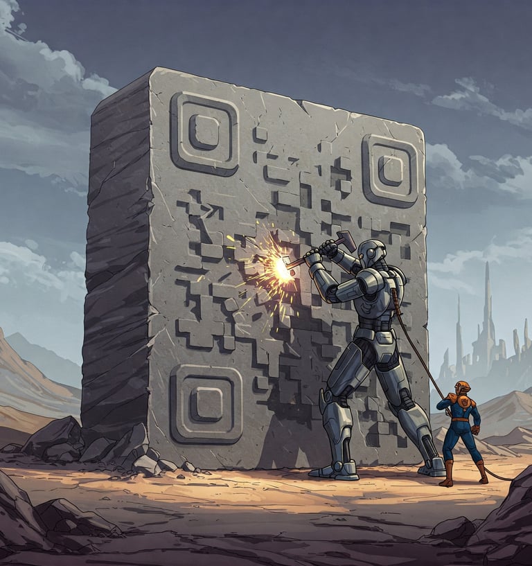 Robot humanoide gigante tallando en piedra un código QR.