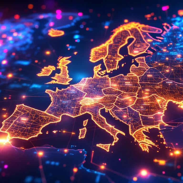 Mapa de Europa con luces de neón e interconexiones tecnológicas.