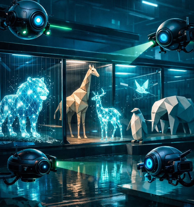 Robots y drones escaneando animales de luz digital en un zoológico futurista vacío de humanos.