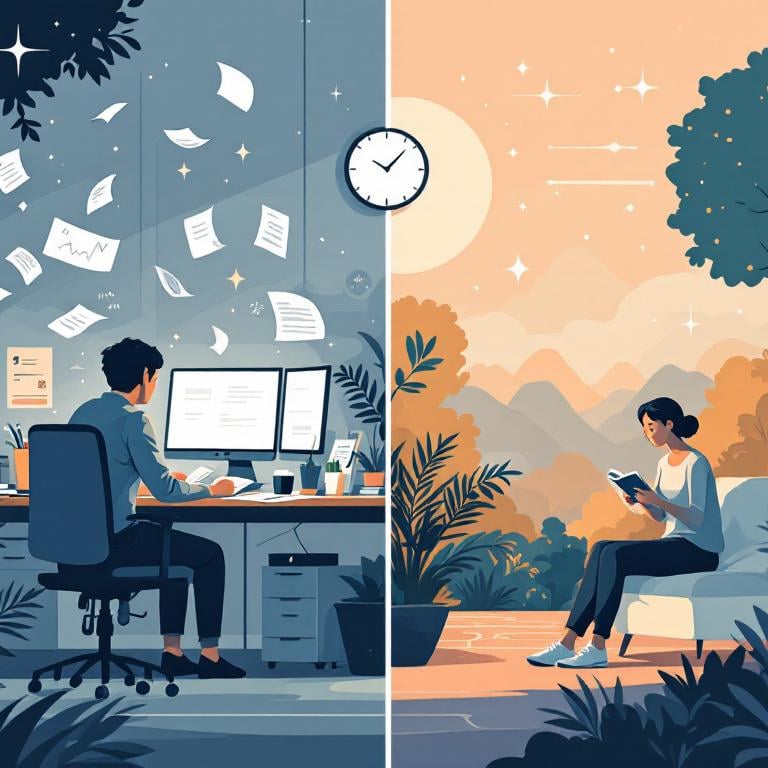 Ilustración de Mistral mostrando transformación de estrés laboral a vida equilibrada gracias a IA en estilo minimalista.