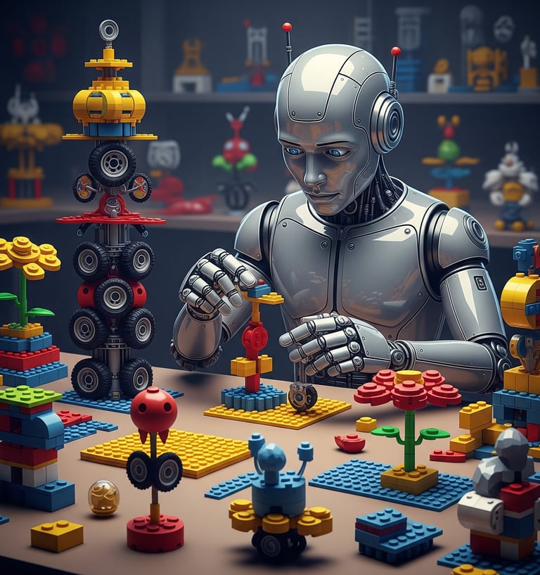 Robot humanoide construyendo objetos extraños con piezas de lego.
