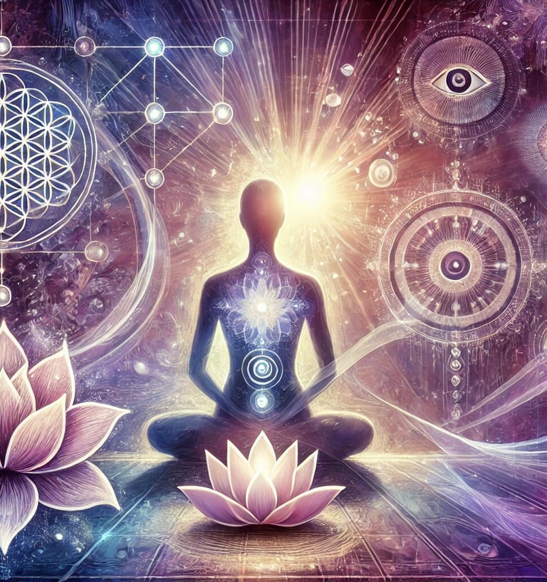 Imagem serena representando uma sessão de terapia com psicologia transpessoal, apresentando uma figura meditativa cercada por