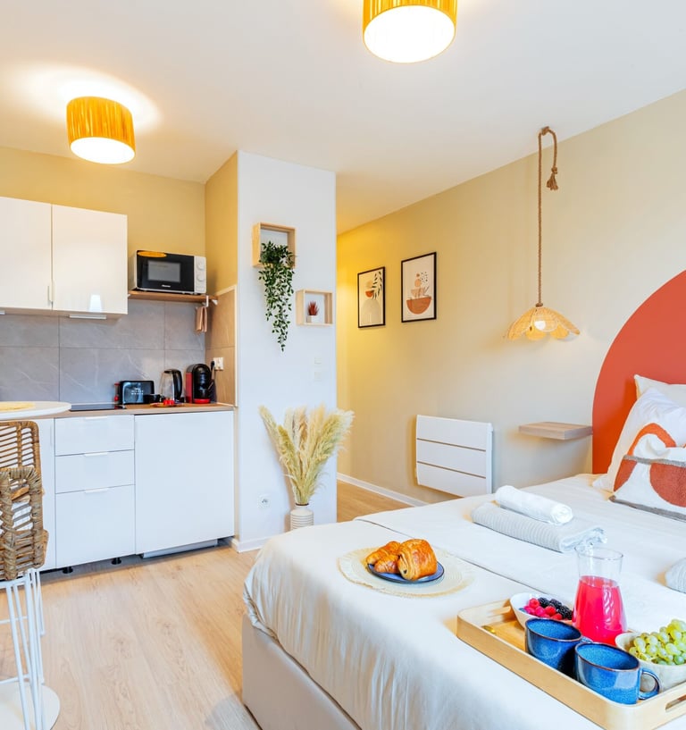 a bed room with a bed and a table