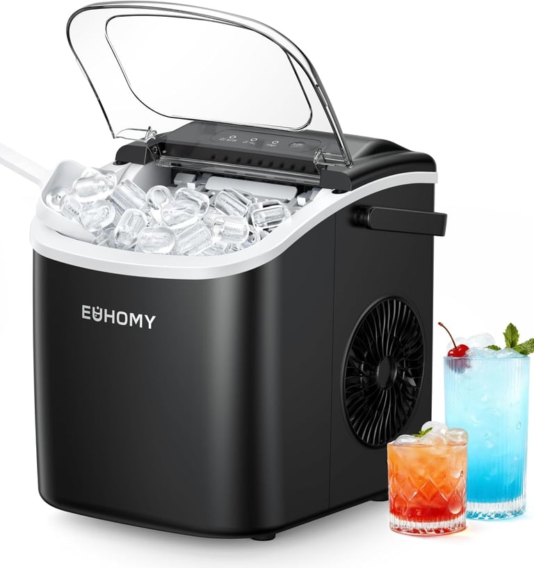 a black and white ice creamer with a drink in front of a drink