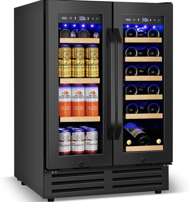 a wine cooler with two bottles of beer and cans of beer