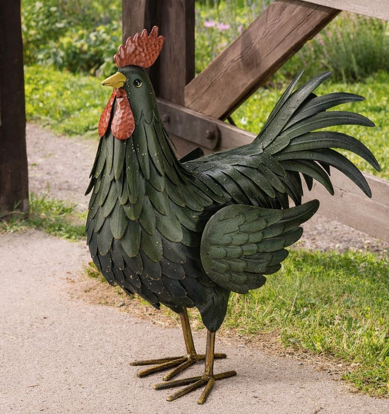 Rustic metal rooster garden statue standing on a path near a wooden fence and grass.